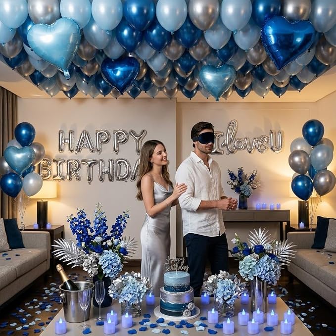 Blue Silver Birthday Decorations with LED Candles, Happy Birthday Balloons, Love Balloon, Rose Petals, Hotel Birthday Room Decorations for Men Women, Anniversary Surprise Decorations for Him Her
