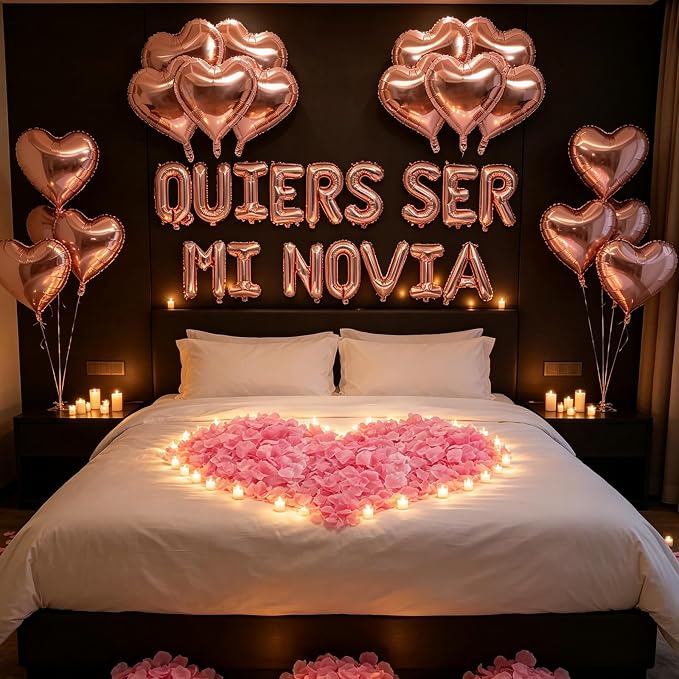QUIERES SER MI NOVIA - 1200pcs Rose Gold Artificial Roses, 16" Letter Balloons, 18" Heart Balloons - Valentines Day Decorations