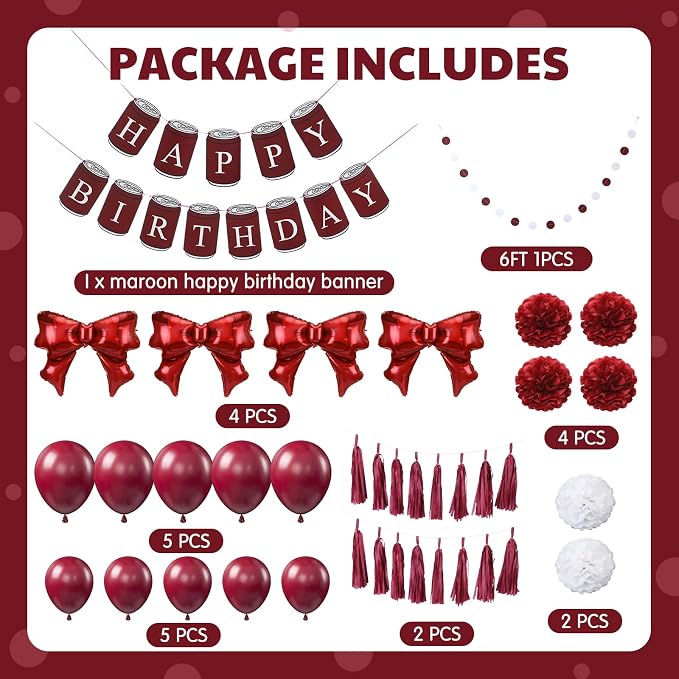 Arrowbash 33 Pcs Burgundy Maroon White Birthday Decorations Include Happy Birthday Banner, Red Tinsel Foil Backdrop, Tissue Paper Pom Poms, Circle Dots Garland, Bow Balloons, Paper Tassels