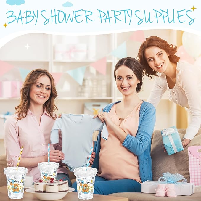 FoldTier 50 Pcs Baby Shower Party Supplies Disposable Plastic Cup 12 oz Blue Bear Cups Thick Clear Mug Blue Lids Straws Baby Shower Table Decorations Party Favors