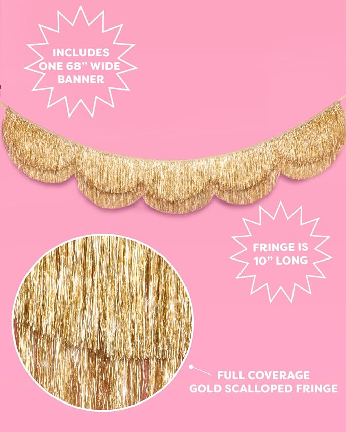 xo, Fetti Gold Scalloped Layered Fringe Banner - 5 Ft. | Bachelorette Party Decorations, Birthday Party Decor, HBD Decor, Photo Booth Banner Backdrop