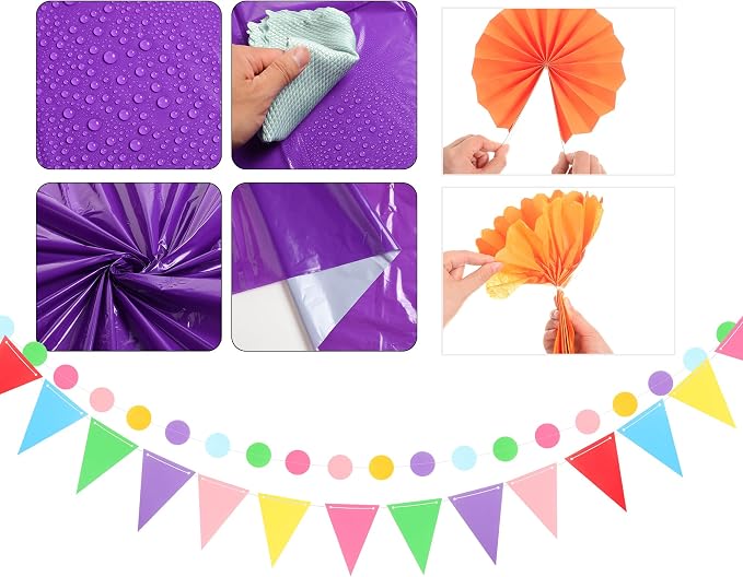 Fullhawl 27 Pcs Mexican Party Decoration, 6 Pack Disposable Tablecloth 21 Pcs Hanging Paper Fans, Pom Poms Flowers, Garland String Polka Dot and Triangle Flag Set for Rainbow Birthday Fiesta Party