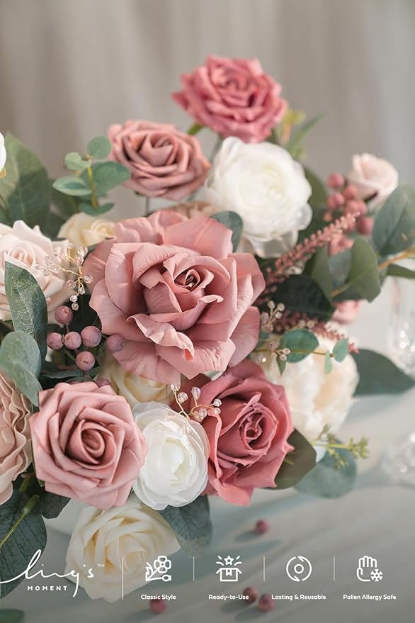 Ling's moment Fake Flowers Box, Faux Artificial Greenery Stems Foam Roses Berry Silk Peonies Eucalyptus Fabic Flower for Centerpieces Bouquet Wedding Floral Vase, Cinnamon Rose & Ivory, Grand Combo