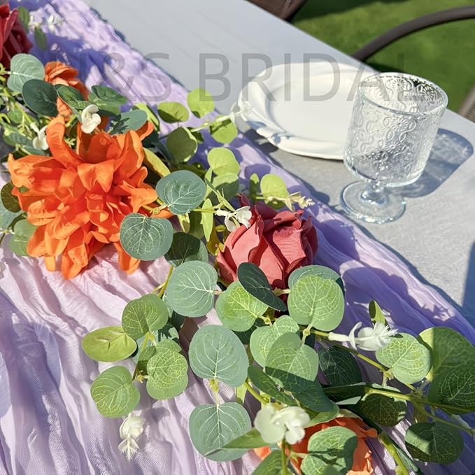 Artificial Flower Garland，6.5Ft Fake Dahlia Rose Floral Eucalyptus Greenery Garland Vine for Wedding Arch，Table Runner Centerpieces Backdrop Room Wall Hanging Plant Decor（Orange）
