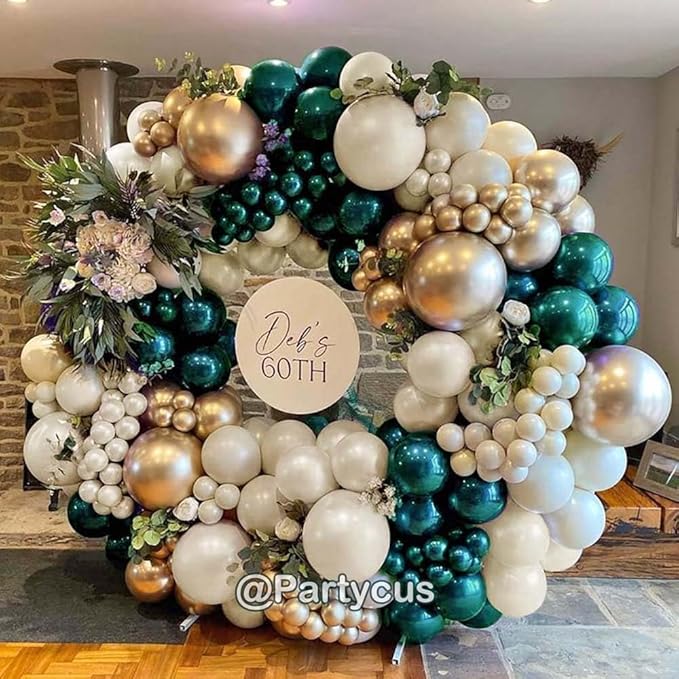 Emerald Green Gold Balloon Arch Kit, Double Stuffed Dark Forest Green Pearl White Sand Ivory Balloon Garland for Birthday Wedding Anniversary Graduation Jungle Mother's Day New Year Party Decoration
