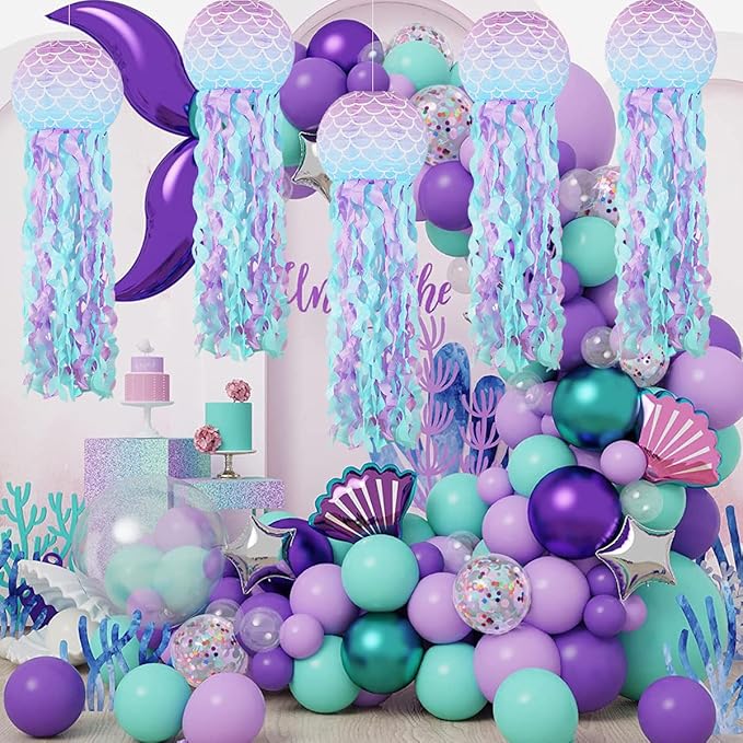 Mermaid Party Decorations, Jellyfish Paper Lanterns Mermaid Scales Hanging Lantern for Mermaid Birthday Party Baby Shower Under The Sea Ocean Decorations Pack of 8