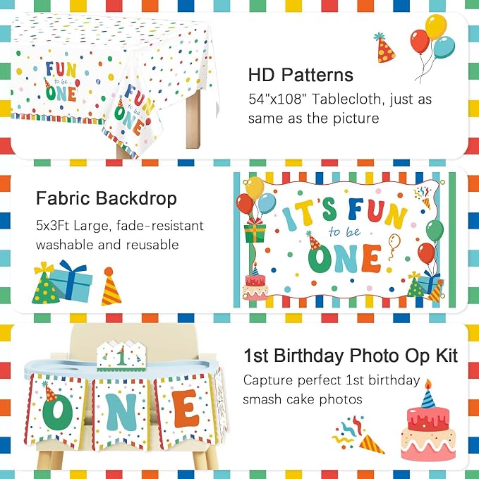 Fun to be One Birthday Decorations Balloon Kit, 127Pcs Its Fun to be One Birthday Tablecloth, Backdrop, 1st Birthday Month Banner, High Chair Banner, ONE Box, Balloon Arch, Crown, Cake Toppers