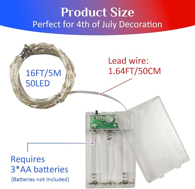 QITONG 4th of July Fairy Lights Battery Operated, 4 Pack Each 16ft 50 LED Patriotic Lights Outdoor Waterproof, Silver Wire Christmas Twinkle Mini Lights for Memorial Independence(Red White and Blue)