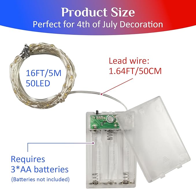 QITONG Red White and Blue Patriotic Fairy Lights Battery Operated, 8 Pack Each 16ft 50 LED 4th of July Lights Outdoor Waterproof, Silver Wire Christmas Twinkle Mini Lights for Memorial Independence