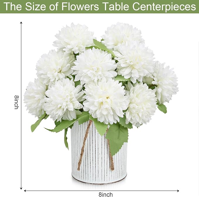 Pre-Made Flower Table Centerpieces, Set of 6 Artificial Silk Chrysanthemum with Farmhouse Metal Vases for Wedding, Birthday Parties, Home, Dining Table Decorations - Ivory White