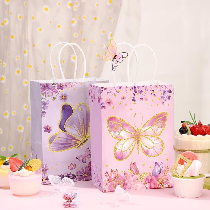 Outus 24 Pcs Summer Butterfly Party Favors Bags Butterfly Goodie Gift Paper Bags with Handles Purple Blue Pink Thank You Candy Treat Pouch for Wedding Baby Shower Birthday Party Decoration Supplies