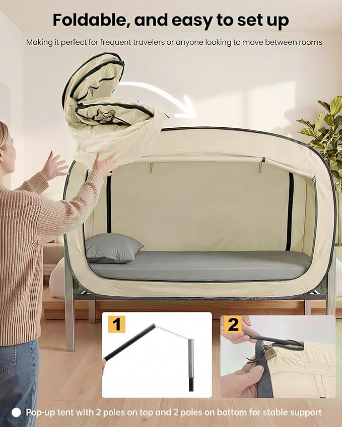 ANC POP Bed Tent Twin Bed Canopy Portable Dream Tent for Adult Indoor Sleeping Tents with 2 Doors Breathable Private Space Tents, Pale Yellow