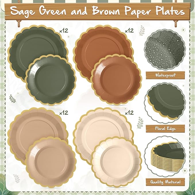 Mimorou 338 Pcs Sage Green and Brown Plates and Napkins Party Supplies for Guests Woodland Baby Shower Tableware Include Forest Scalloped Plates Paper Napkin Cup Spoon Fork Knife for Wedding Birthday
