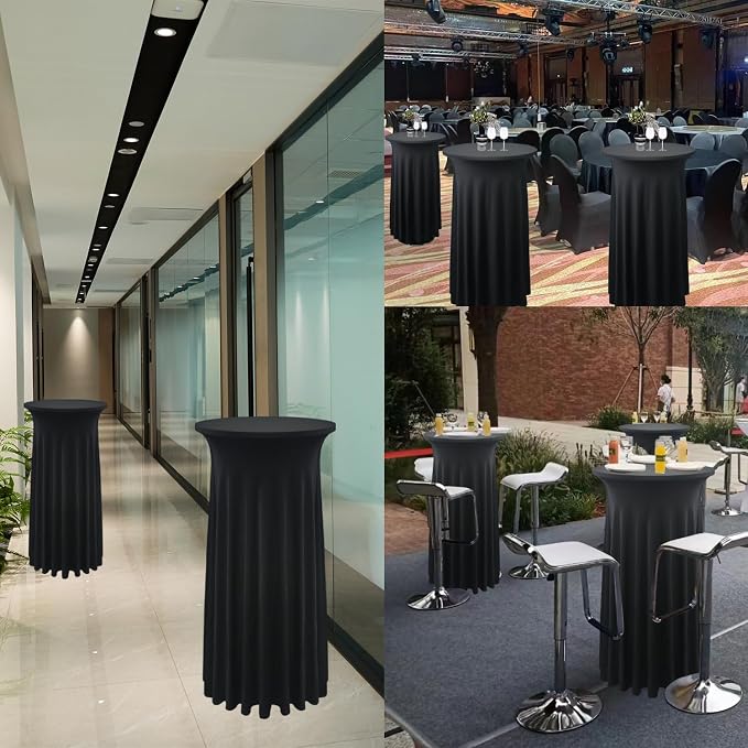 4-Pack 24"x43" Black Round Cocktail Table Skirts | Stretch Spandex Fitted Tablecloths | Wrinkle-Resistant, Stain-Resistant, and Machine Washable for Bars, Weddings, Parties, and Banquets