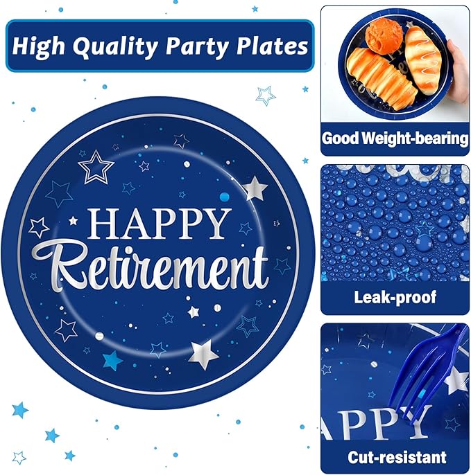 Qyeahkj 50 Guests Retirement Plates and Napkins Party Supplies Happy Retirement Party Decorations Disposable Tableware Set Sliver Blue Dinnerware Favor for Women Men Graduations Theme Party, 200PCS