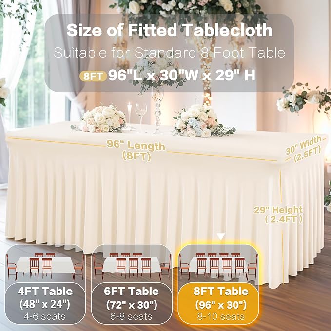 Shillance 8 Packs Ivory Spandex Table Covers 8 Foot, Fitted Stretch Table Cloth with Skirts 96x30 Inch, Wrinkle-Free Floor Length Rectangle Tablecloths for Weddings Parties Banquets Events
