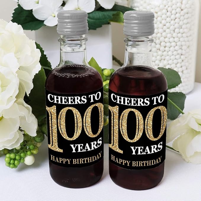 Big Dot of Happiness Adult 100th Birthday - Gold - Mini Wine and Champagne Bottle Label Stickers - Birthday Party Favor Gift for Women and Men - Set of 16