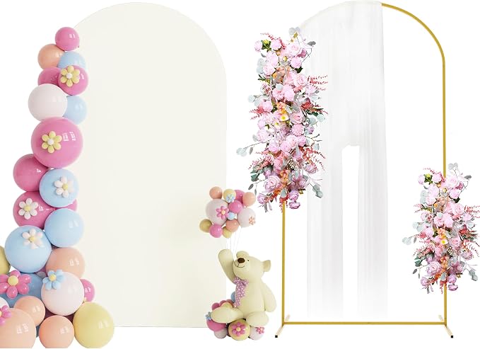 Putros Arch Backdrop Stand and Cover Set, 7.2ft, Gold Arch Stand with Ivory Cover, Metal Arched Background Frame for Wedding, Birthday Party, Baby Shower, Photography Decoration