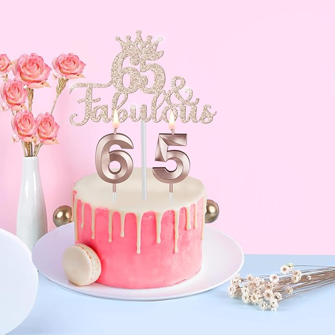 65th Birthday Decorations for Women Including Birthday Tiara and Sash, Candles & Cake Topper, 12oz Wine Tumbler with Lid, 65 Year Old Gifts for Women