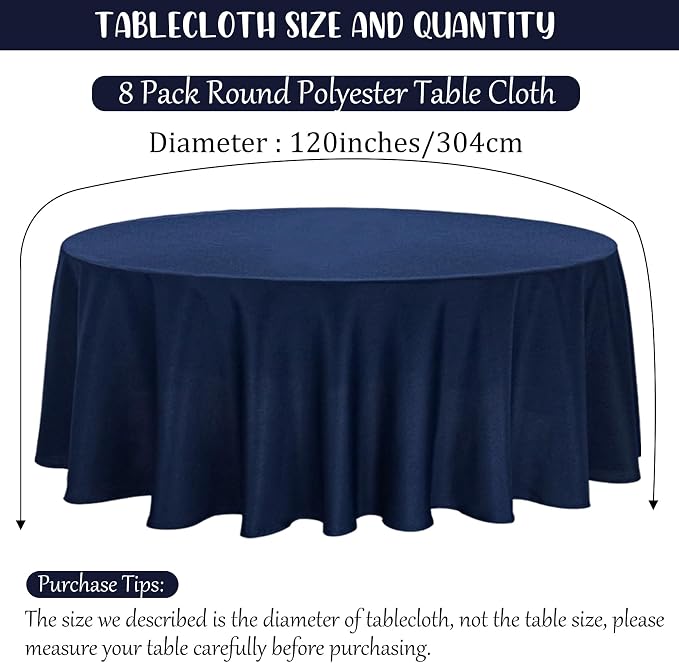 Fivenl 8 Pack Premium Round Tablecloth 120 Inch Round Table Covers Washable Polyester Fabric Round Table Clothes for Wedding Party Reception Banquet Buffet Restaurant (Navy Blue, 120 Inch)