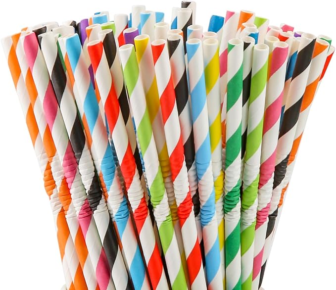 Pro Mael Paper Drinking Straws, Flexible Straws for Juices, Shakes, Smoothies, Disposable Straw for Birthdays, Weddings & Party (200 Pack, Assorted Colors)
