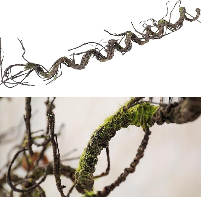 71inch Twisting Artificial Greenery Grapevine Garland Faux Woody Tree Branches Plants Twigs Stems Trunk Moss for Arch Fireplace Wall Hanging Garden Halloween Jungle Theme Reptile Decoration
