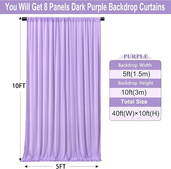 40ft×10ft Wrinkle Free Lavender Backdrop Curtain for Party, 8 Panels 5×10ft Soft Silky Polyester Light Purple Lilac Photo Backdrop Drapes for Birthday Baby Shower Mother's Day Wedding Photography