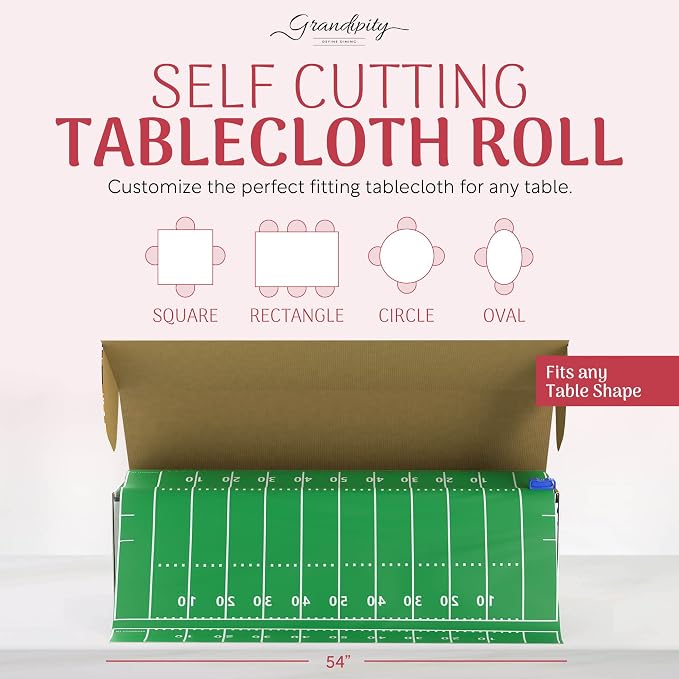 Grandipity Plastic Tablecloth Roll - 54in x 300 Ft. Football Table Cloths for Parties with Cutter Box, Cut to Size Football Field Table Cover, Superbowl Tablecloth Rectangle