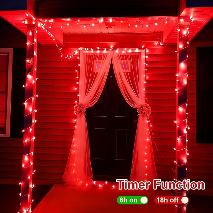 QITONG 2 Pack String Lights Battery Operated, Each 33ft 100 LED Red Christmas Lights Outdoor Waterproof, 8 Modes Clear Wire Twinkle Fairy Lights Indoor with Remote
