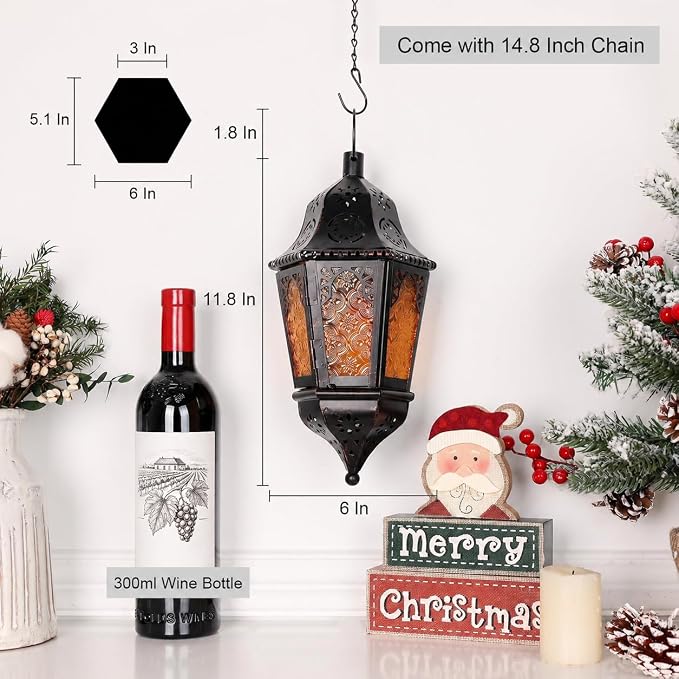 Ramadan Lantern Decorative Indoor & Outdoor, 2 PCS 13.6’’ Vintage Decorative Hanging Lanterns with Chain for Home Porch Patio Decor, Metal Christmas Moroccan Candle Holder Decorations (Amber)