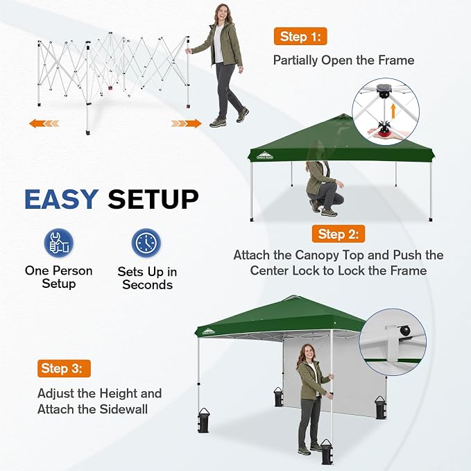 EAGLE PEAK Commercial Canopy 10x10 Pop Up Canopy Tent with 1 Sidewall, Easy Setup Heavy Duty Instant Event Shelter for Vendors & Markets, Outdoor Sun Shade, Green