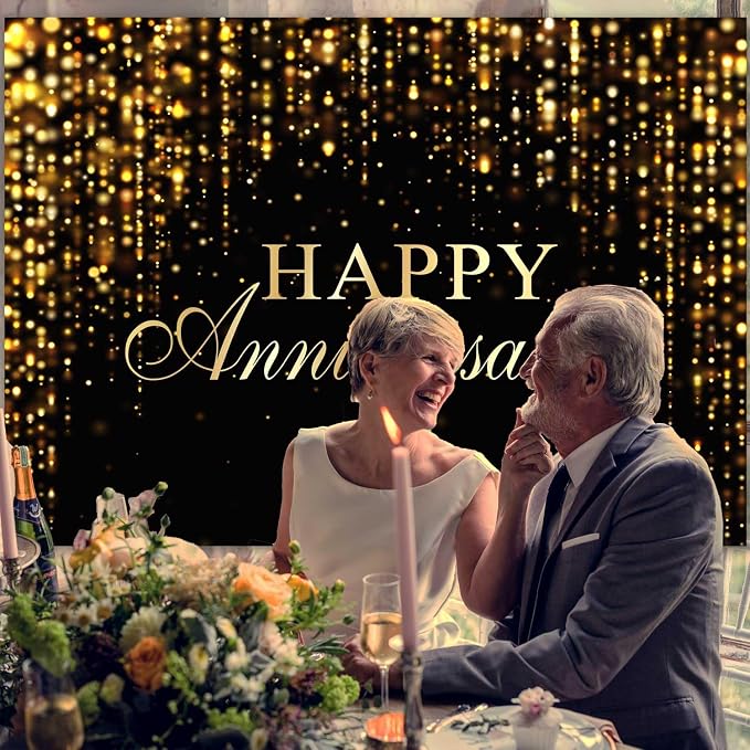 Happy Anniversary Backdrop Black Gold Anniversary Banner Cheers to Marriage Love Wedding Party Decorations Glitter Flowing Drapes Photography Background Photo Booth Props 7x5ft