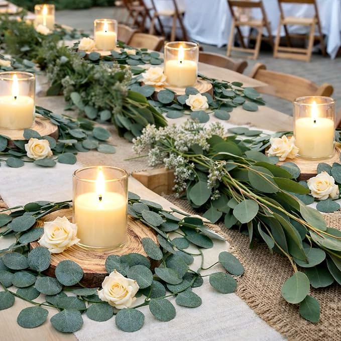VIHOSE 60 Pcs Wooden Wedding Candle Centerpiece Includes 6.3"-7.1" Round Wood Slices, Eucalyptus Garlands, Flameless LED Candles and Artificial Roses for Wedding Country Farmhouse Table Decor, 12 Sets