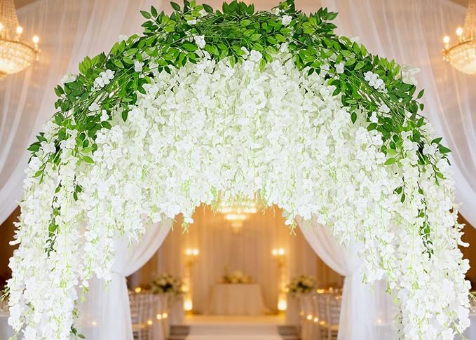 100 Pack White Wisteria Hanging Flowers,Fake Hanging Wisteria Flowers Garland for Decoration (3.6 Ft/Pcs)