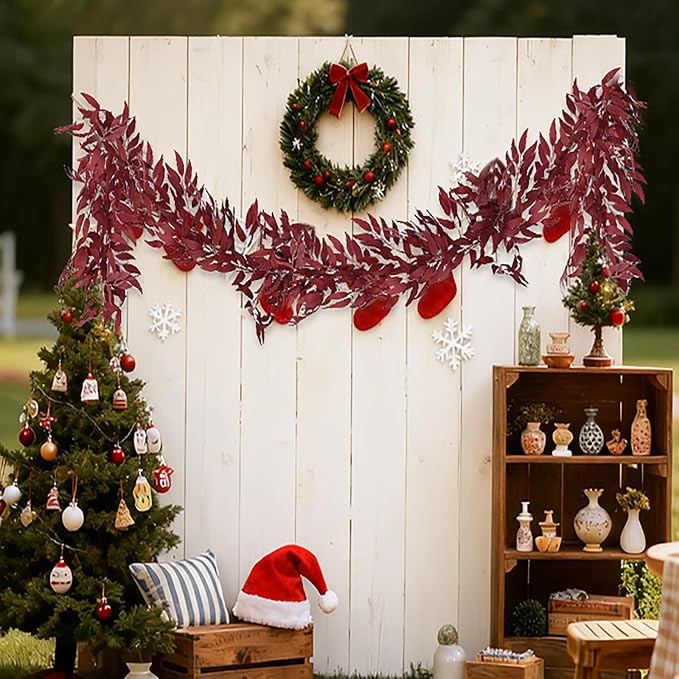 RECUTMS Artificial Hanging Willow Leaves Vine Twigs 2Pcs 5.9Ft Fake Silk Burgundy Leaf Ivy Fall Garland Faux Greenery Indoor Outdoor Valentines Day Wedding Birthday Christmas Thanksgiving Party Decor