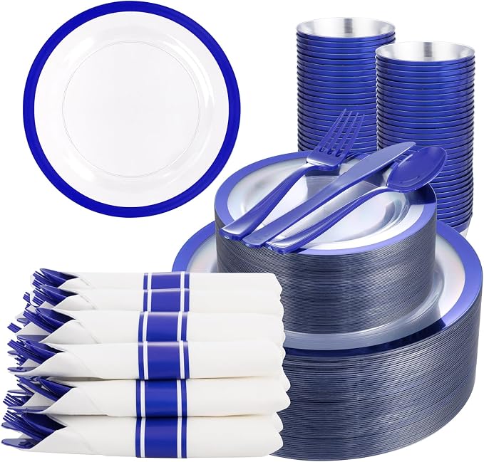 Liacere 350PCS Blue Plastic Plates - Clear with Blue Trim for 50Guests Dinnerware Include 100 Clear Plates disposable 150 Silverware 50Napkins for Wedding＆party&Graduation&Summer