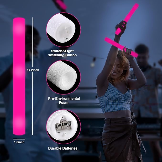 48Pack LED Glow Foam Sticks Bulk,Light Up Glow Sticks with 3 Flashing Modes,Glow Wands Party Pack,Glow In The Dark Party Supplies for Mother's Day,July 4th, Wedding,Birthday,Concert(Pink)