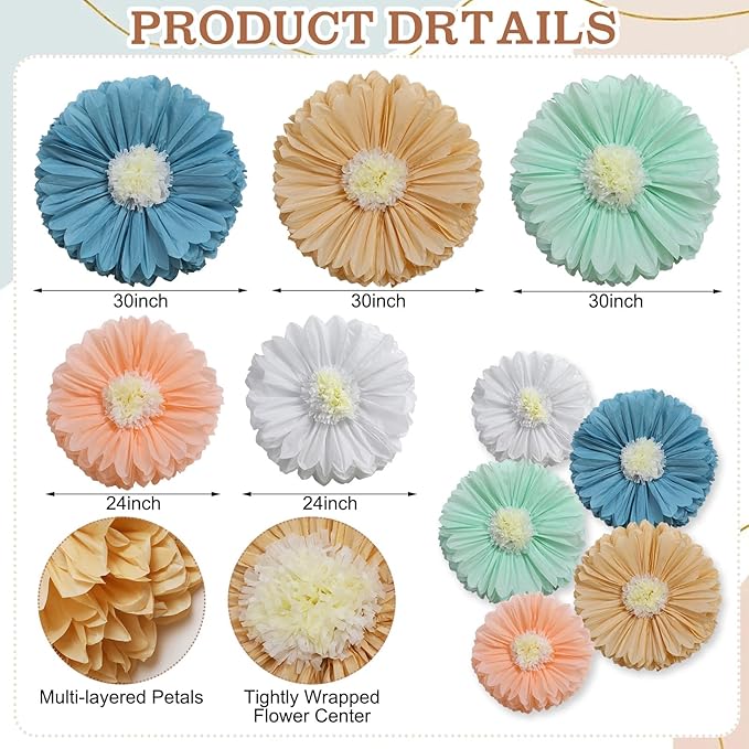Chunful 5 Pcs 30'' 24'' Gaint Boho Style Tissue Paper Flowers Decoration Large Hanging Tissue Paper Pom Poms Decor for Easter Birthday Bachelorette Wedding Baby Shower Bridal Shower Party Decoration