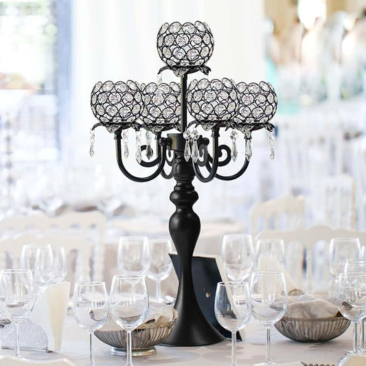 22.5 Inch Black 5-Arm Tea Light Crystal Candle Holder/Candlestick, Exquisite and Gorgeous Crystal Candelabra Table Centerpiece for Wedding/Holiday Events, Parties & Home Decor