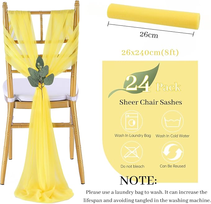 QueenDream Yellow Chair Sashes Wedding Aisle Decorations: 24 Packs 8ft Long Draping Fabric Sheer Church Chair Cover Bulk for Party Banquet