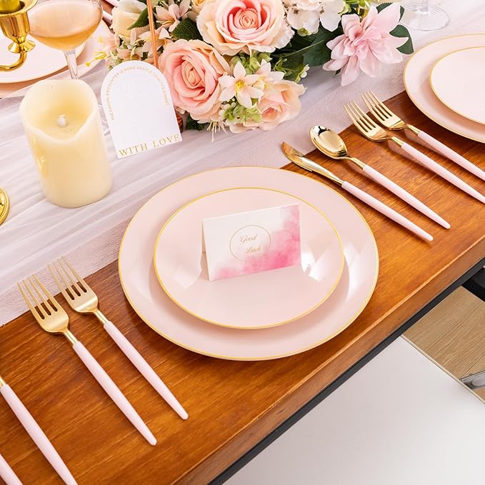 Liacere 150PCS Plastic Plates-Gold Plastic Silverware with Pink Handle - Pink Disposable Plates Include 30 Guests Plates, Forks, Spoons, Knives for Wedding＆Easter Day & Mothers Day