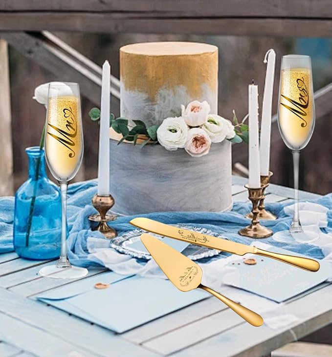 Mr and Mrs Champagne Flutes, Bride and Groom Champagne Glasses, Wedding Cake Knife and Server Set, Cake Cutting Set for Wedding, Bridal Shower Gifts, Engagement Gifts for Couples (Gold, Set of 6)