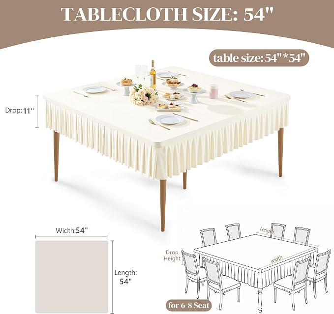 Wish Care 2 Pack Ivory Spandex Tablecloths for 54x54 Inch Square Tables, Stretch Fitted Table Clothes with Pleated Ruffle Skirt for 54” Table, Wrinkle Free and Elastic, for Party Kitchen Home Dining