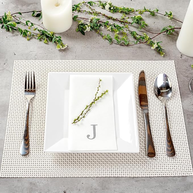 Luxenap 15.8 X 7.9 Inch Linen-Feel Guest Towels, 50 Lettered Hand Towels - Silver Letter 'J', Sans Serif Font, White Paper Dinner Napkins, airlaid, For Restrooms And Tables - Restaurantware