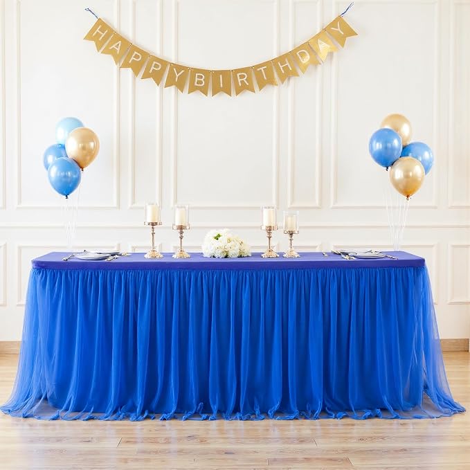 2 Pack 8ft Royal Blue Tulle Tablecloths for Rectangle Tables, 8 Foot Rectangular Table Cloth Wrinkle Free Tablecover with Tutu Skirt for Baby Shower Wedding Birthday Party Banquet Buffet Cake