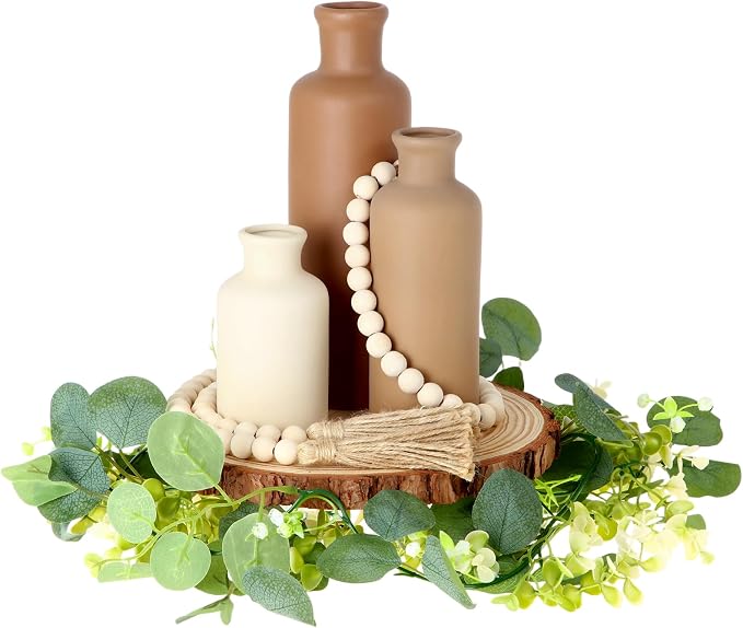 Geelin 6 Pcs Rustic Table Centerpieces, Set of 3 Boho Ceramic Vases, Wooden Serving Tray, Modern Farmhouse Wood Beads Garland Tassel, Artificial Greenery for Home Coffee Tabletop Decor(Neutral)