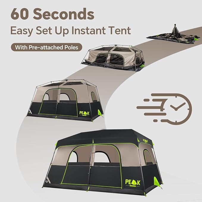 PEAK OUTDOORS Instant Tent 6/8 Person Tents for Camping, 60 Second Easy Setup Portable Camping Cabin Tent with Rainfly, Waterproof Pop Up Tents for Family Camping & Hiking with Expandable Carry Bag