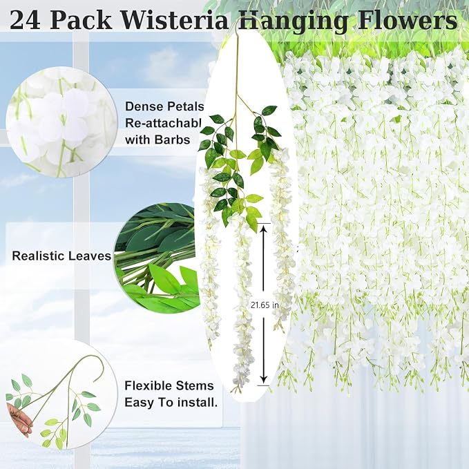 LELEE 25 Pcs Artificial Wisteria Hanging Flowers 3.6ft White Fake Hanging Flowers Garland Silk Flowers Rattan String Faux Wisteria Vine for Wall Home Wedding Party Arch Greenery Backdrop Decor