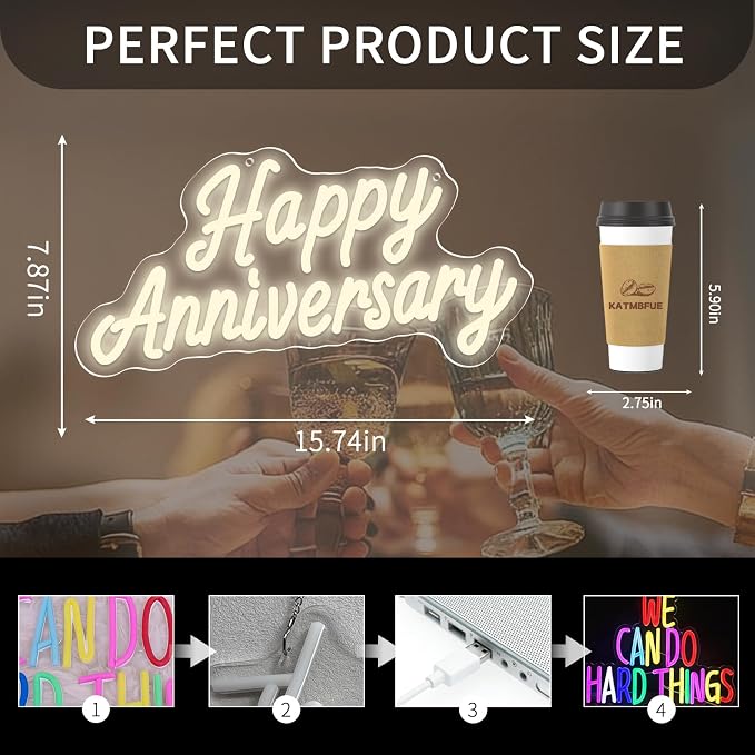 Happy Anniversary Neon Sign - 15.75" Dimmable LED Wall Decor Light, USB Romantic Gift for Couples,Business Celebrate Banner，Party Wedding Anniversary Decorations