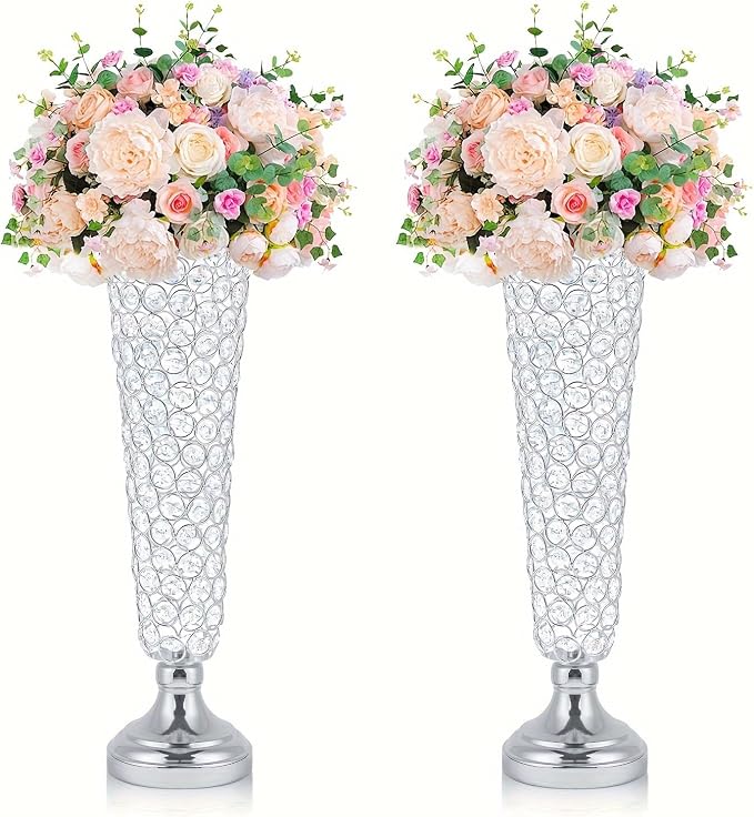 2-Pack 18.5" Tall Silver Vases, Elegant Crystal Trumpet Vase, Gorgeous Centerpiece Flower Stand | Artificial Flower Arrangement for Weddings, Anniversaries | Home & Party Decor Display